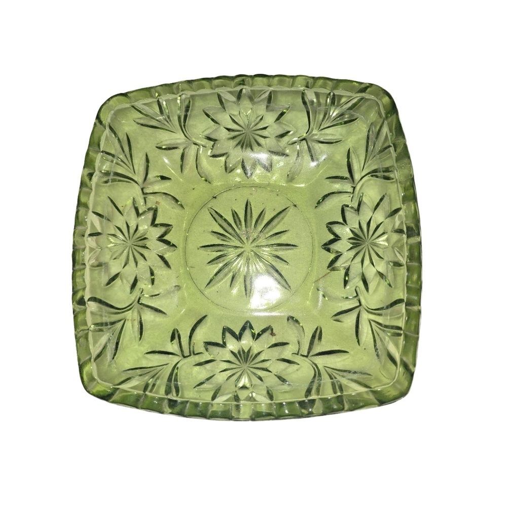 Vintage Hazel Atlas Green Pressed Glass Starburst Leaf  Square Serving Dish